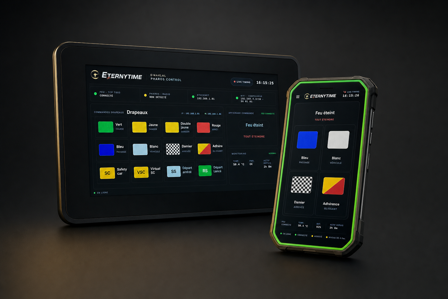 Écran tactile 7 pouces et smartphone avec l’application ETERNYTIME PHAROS