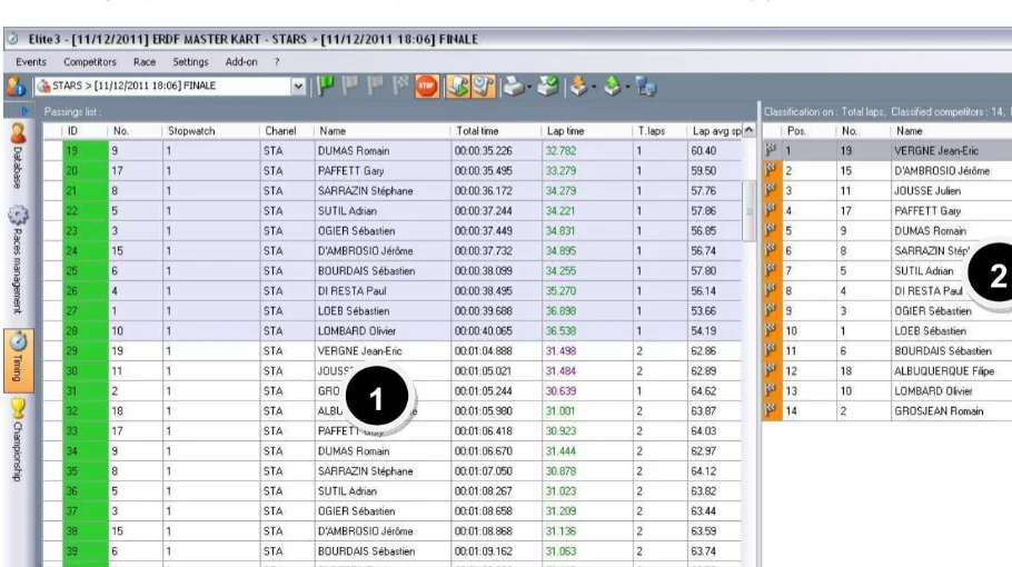 Elite V3 Screenshots für Zeitnahme im Rennen, Flaggen, Status und Veranstaltungsimport