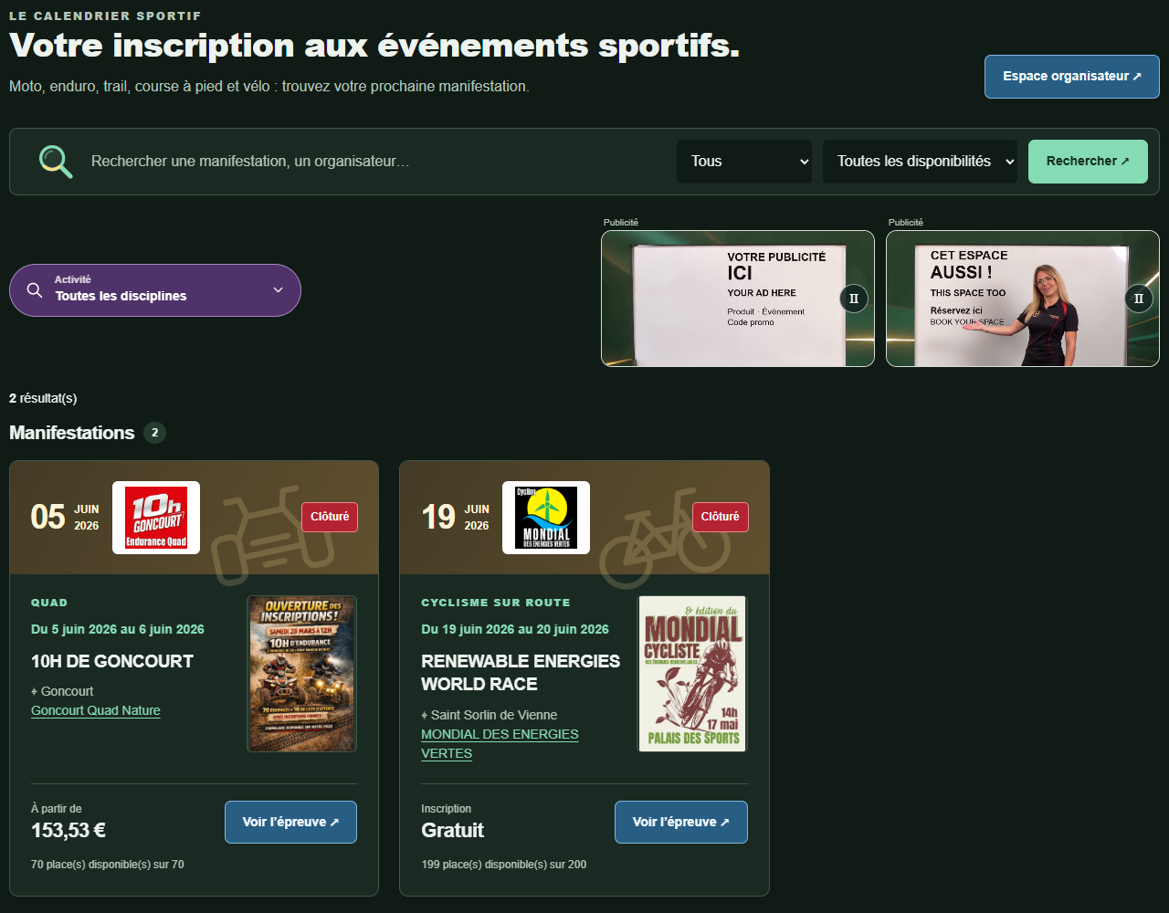Calendrier ETERNYTIME avec ses deux encarts publicitaires au-dessus des résultats.