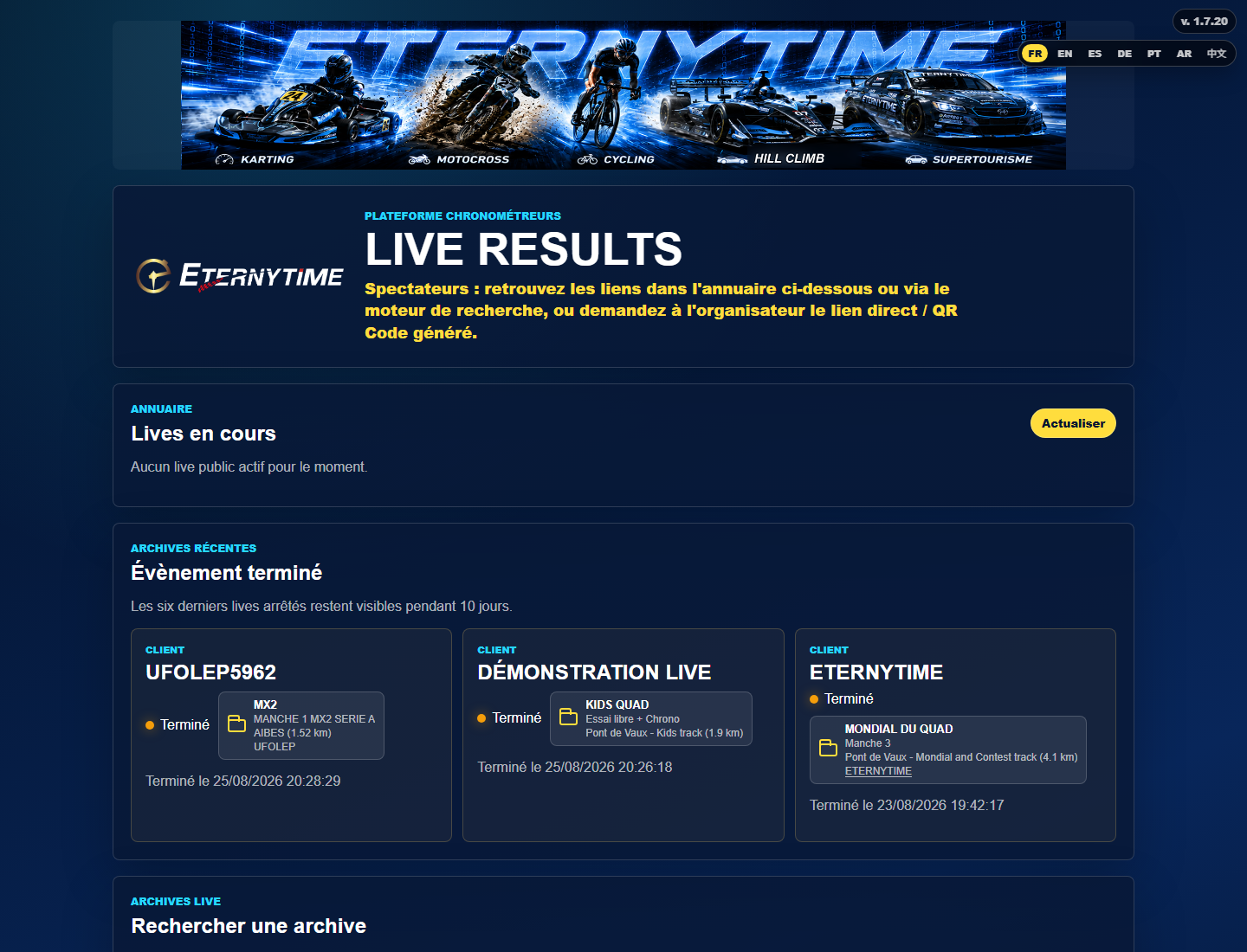 Annuaire ETERNYTIME LIVE avec lives en cours, archives récentes et recherche