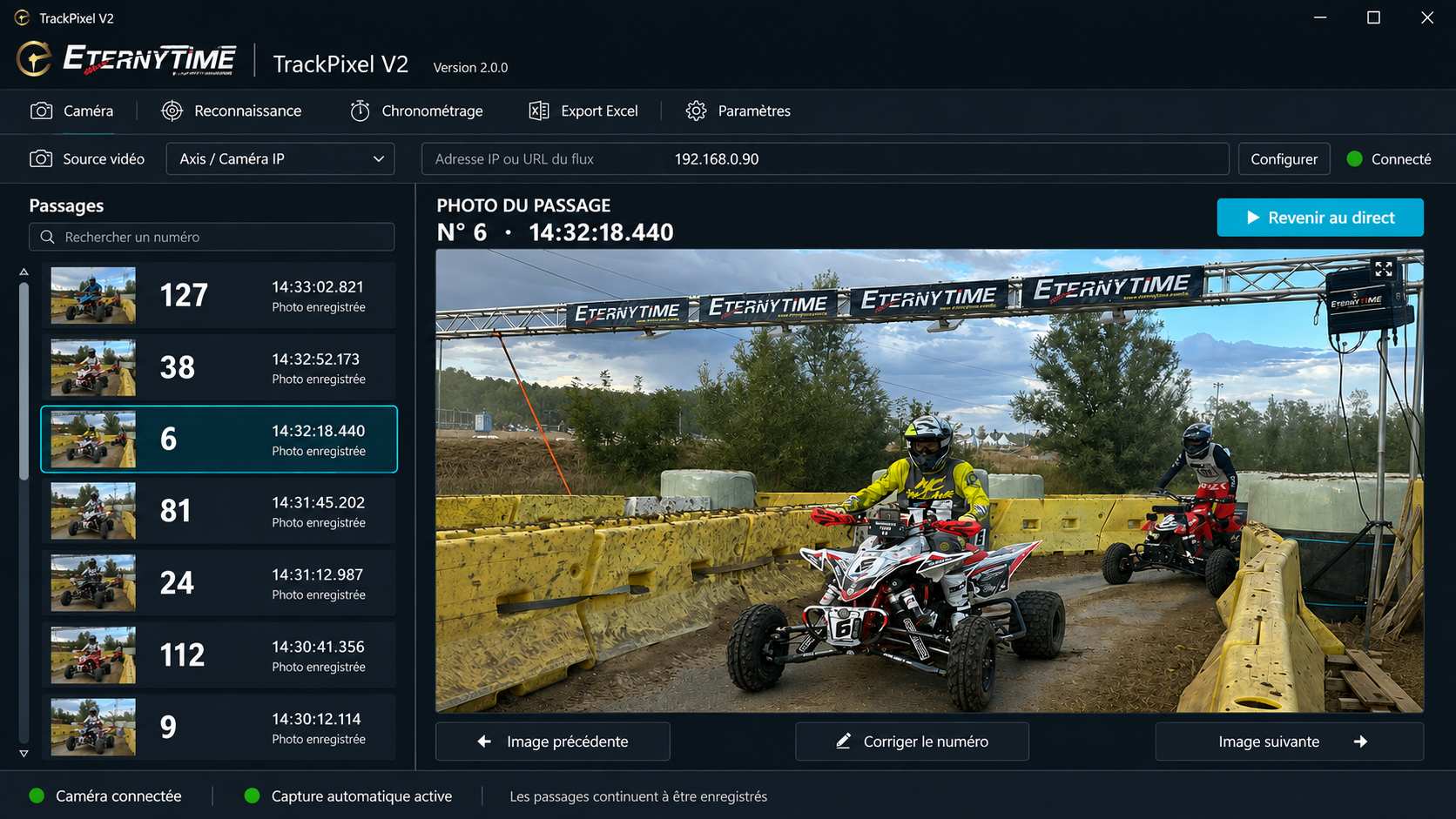 Interface TrackPixel V2 : liste des passages à gauche, photo du quad numéro 6 en grand et bouton Revenir au direct.